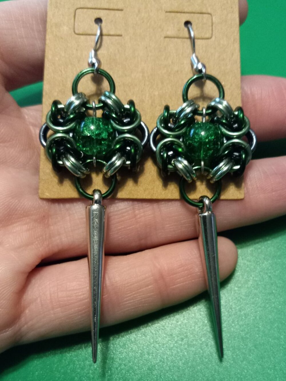 Green & Grey Spiked Chain Mail Romanov Earrings